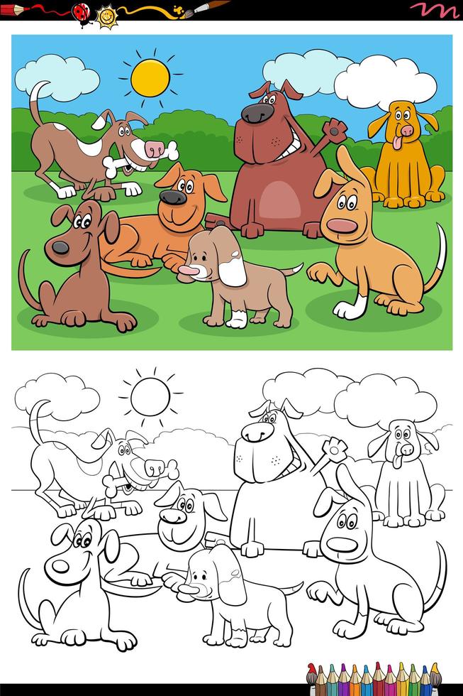 Dibujos animados de grupo de perros y cachorros página de libro para colorear vector