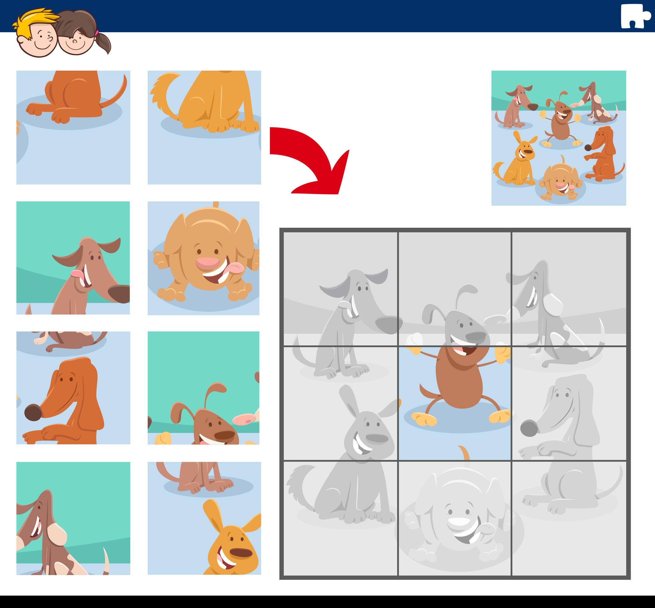 Jigsaw puzzle game with cute dog characters vector