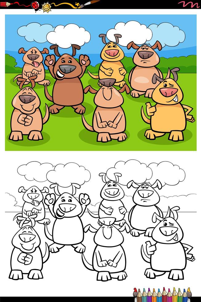 Cartoon funny dogs group coloring book page vector