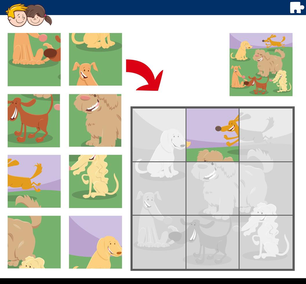 Jigsaw puzzle game with happy dog characters vector