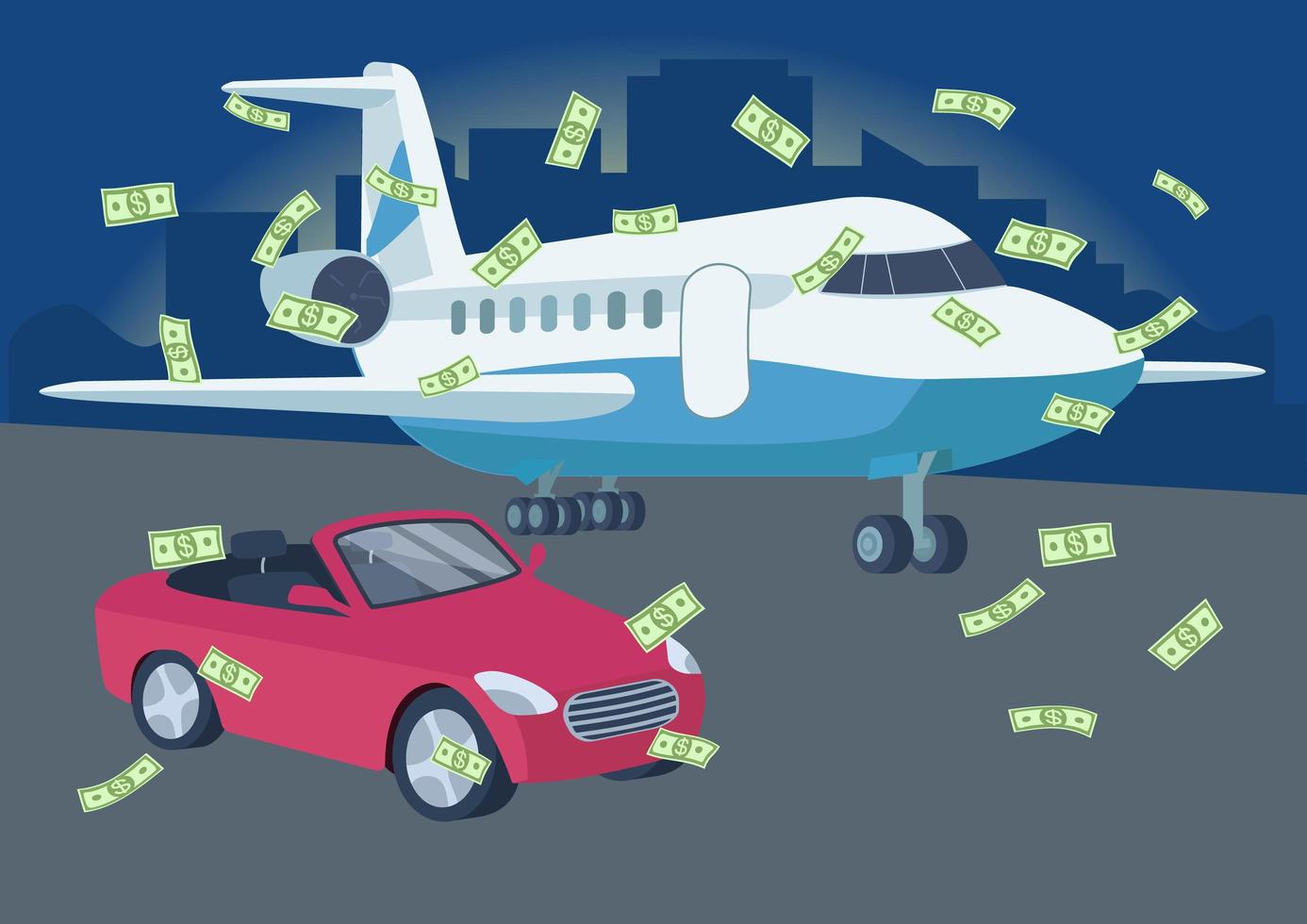 coche y avión con lluvia de dinero. vector