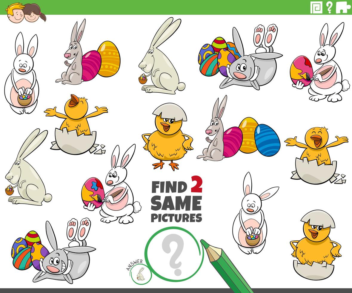 Find two same Easter characters task for children vector