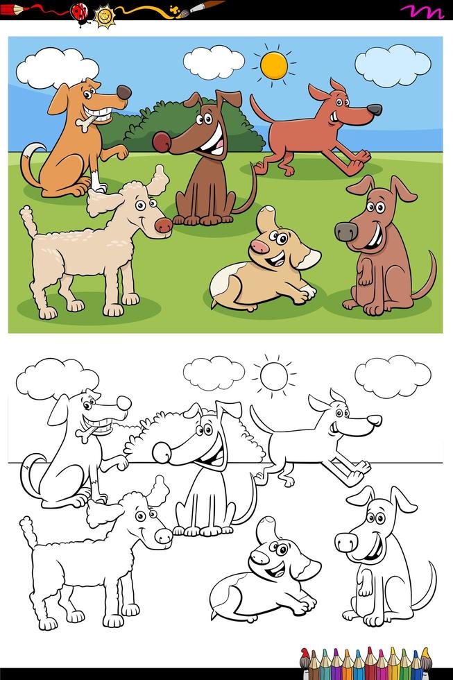 perros y cachorros, caracteres, grupo, libro colorear, página vector