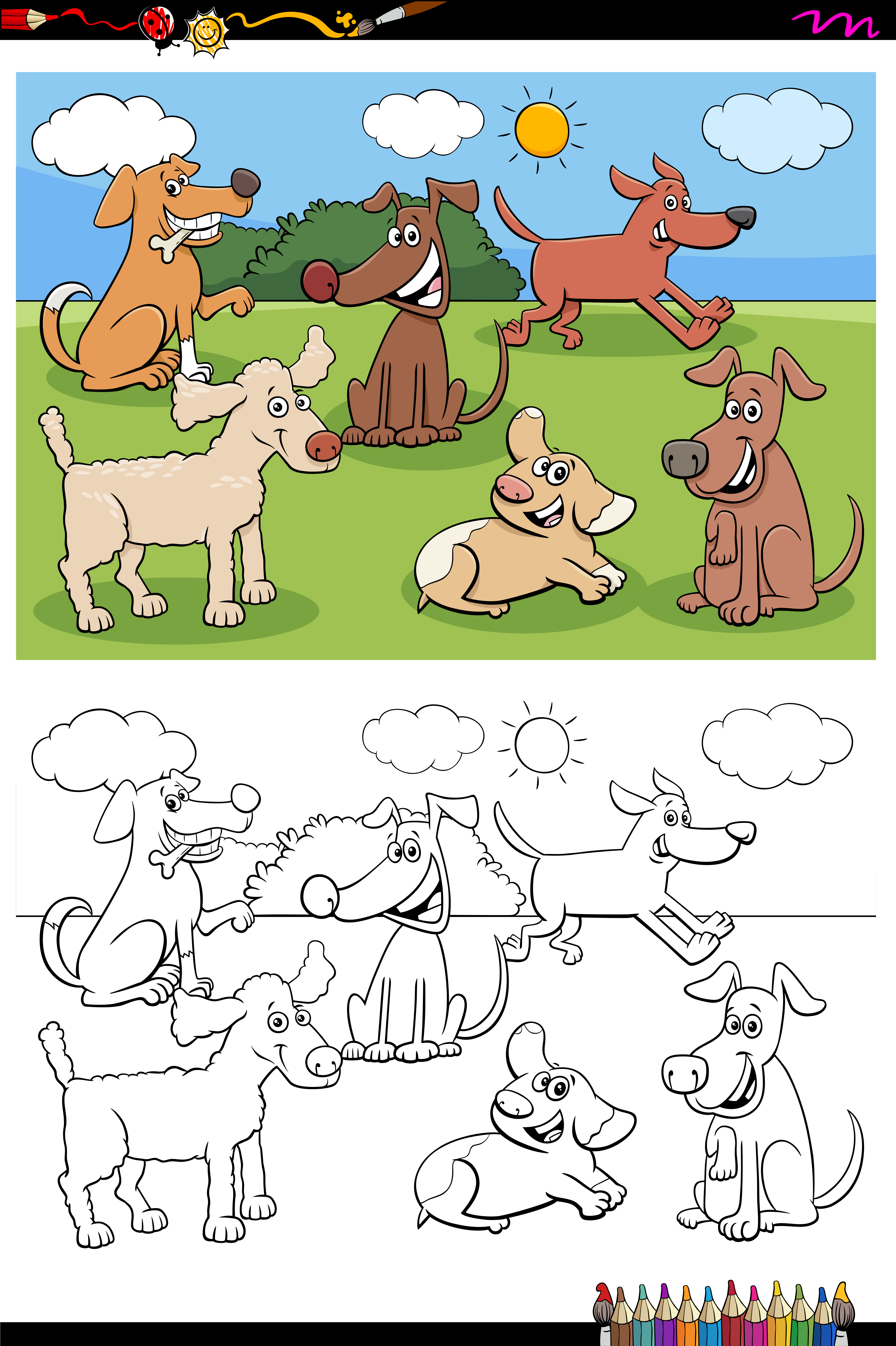 Dogs and puppies characters group coloring book page 1779839 ...