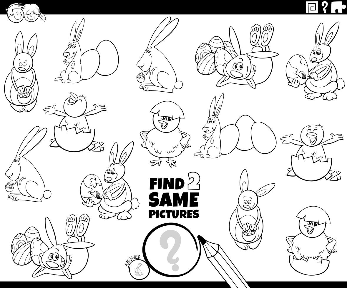 Find two same Easter characters game color book vector