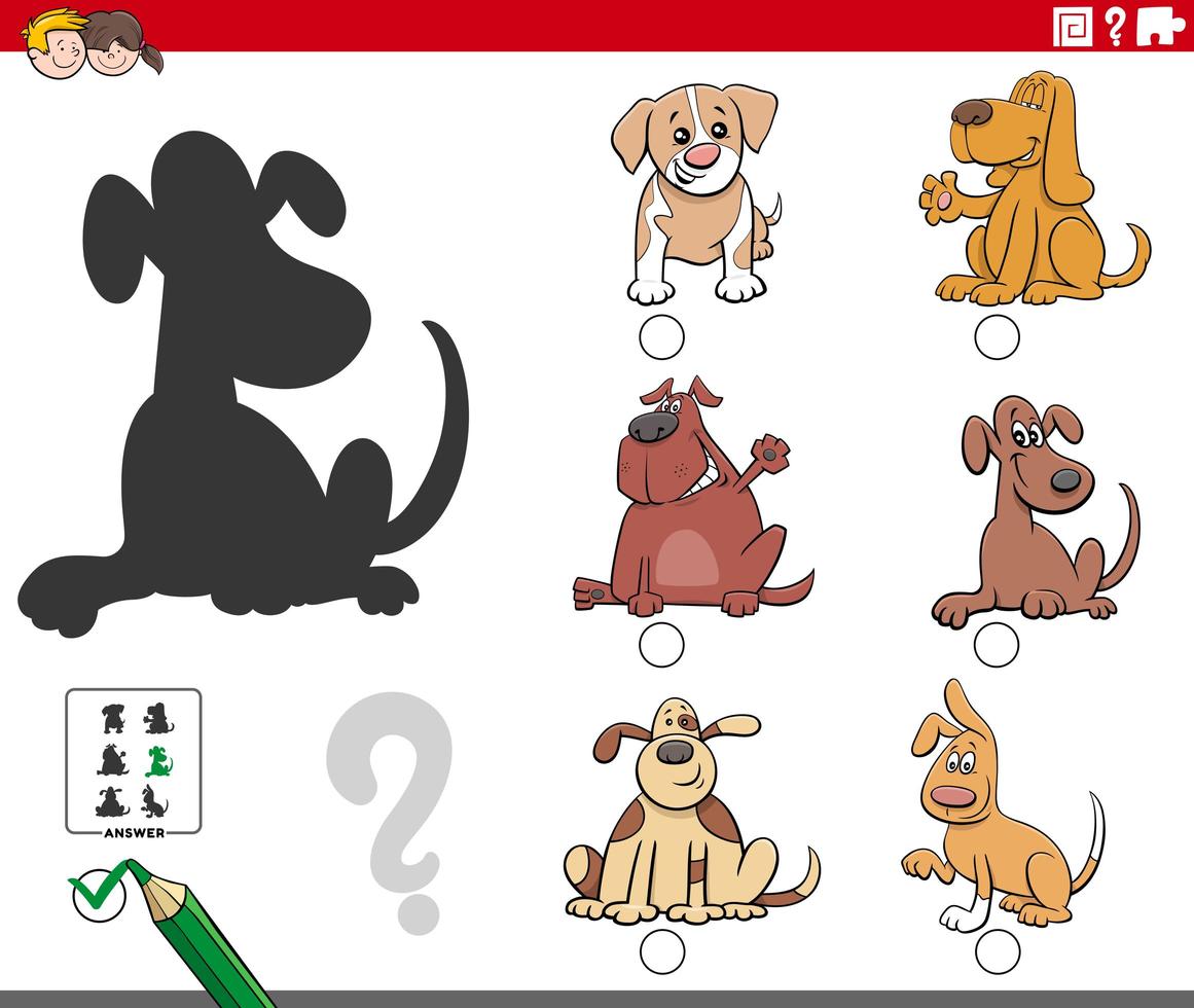 Tarea de sombras con personajes de perros de dibujos animados vector