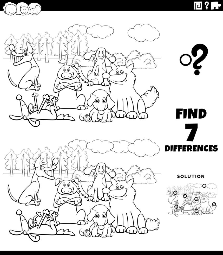 Differences task with dogs group color book page vector