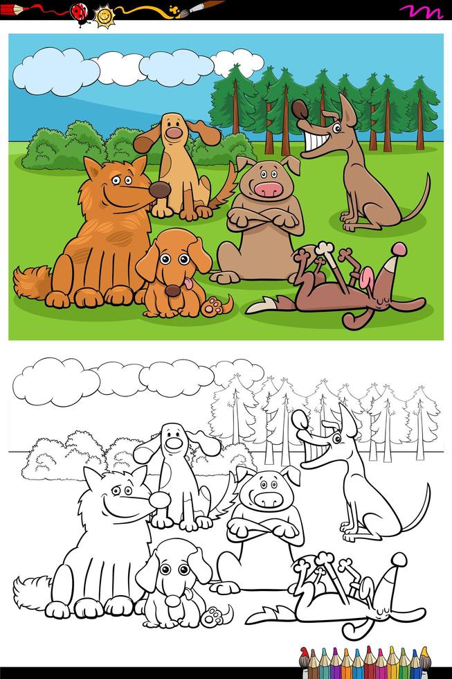 Cartoon dogs and puppies group coloring book page vector