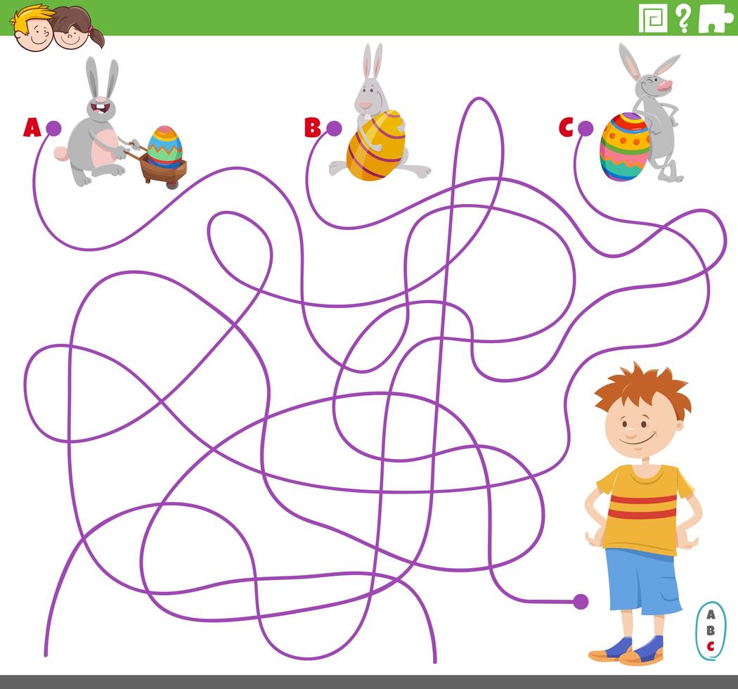 Maze game with boy and Easter bunnies characters vector