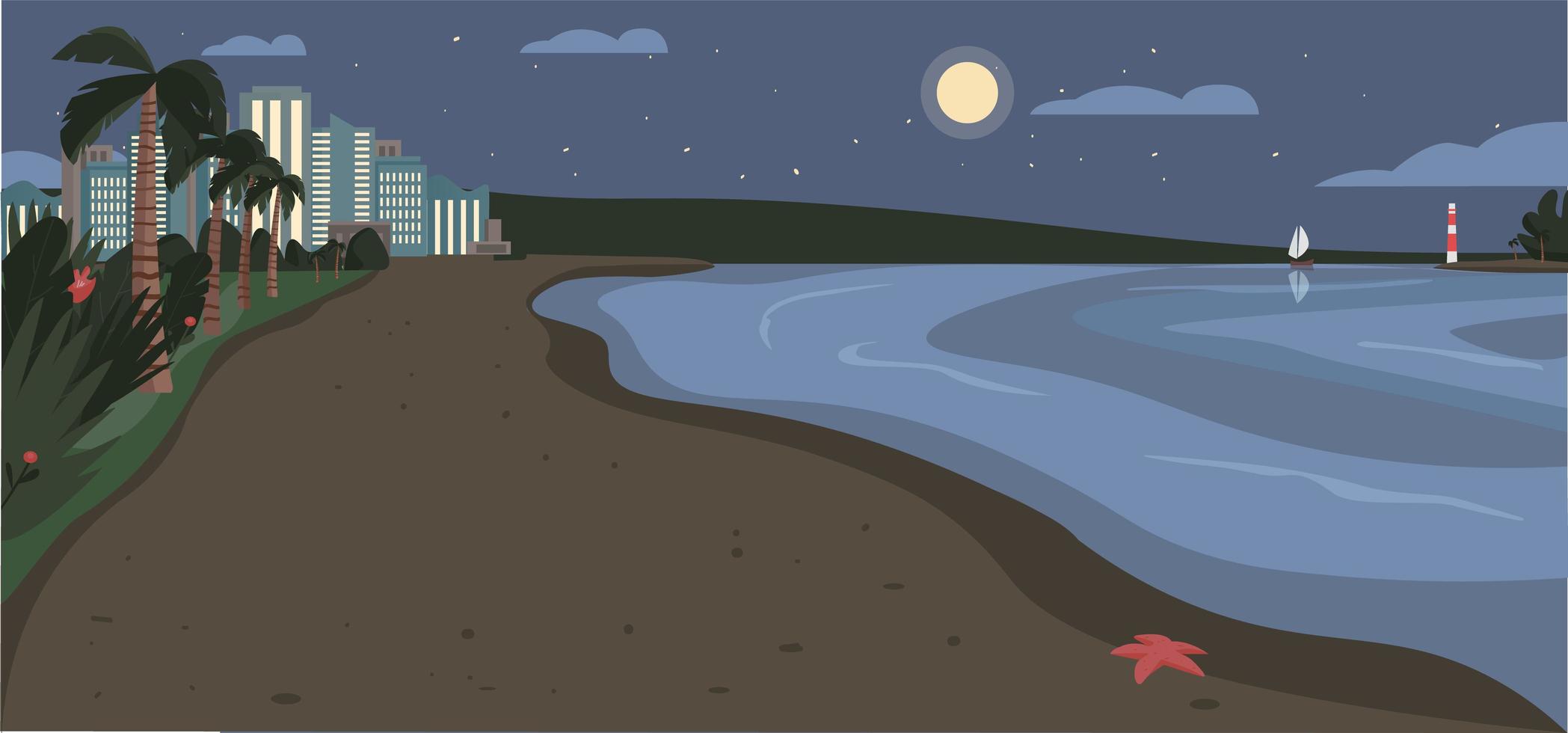 Sandy beach at night time vector