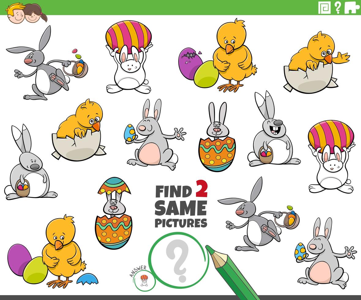 Encuentra dos mismos personajes de Pascua para niños. vector