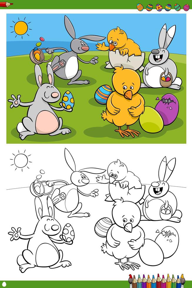 Easter bunnies and chicks characters coloring book page vector