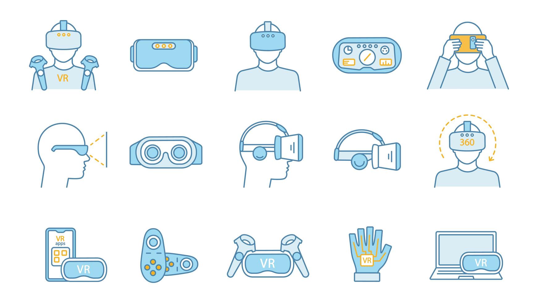 Virtual reality color icons set. vector