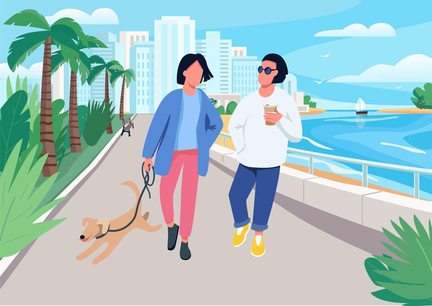 pareja, con, perro, ambulante, por, paseo marítimo vector