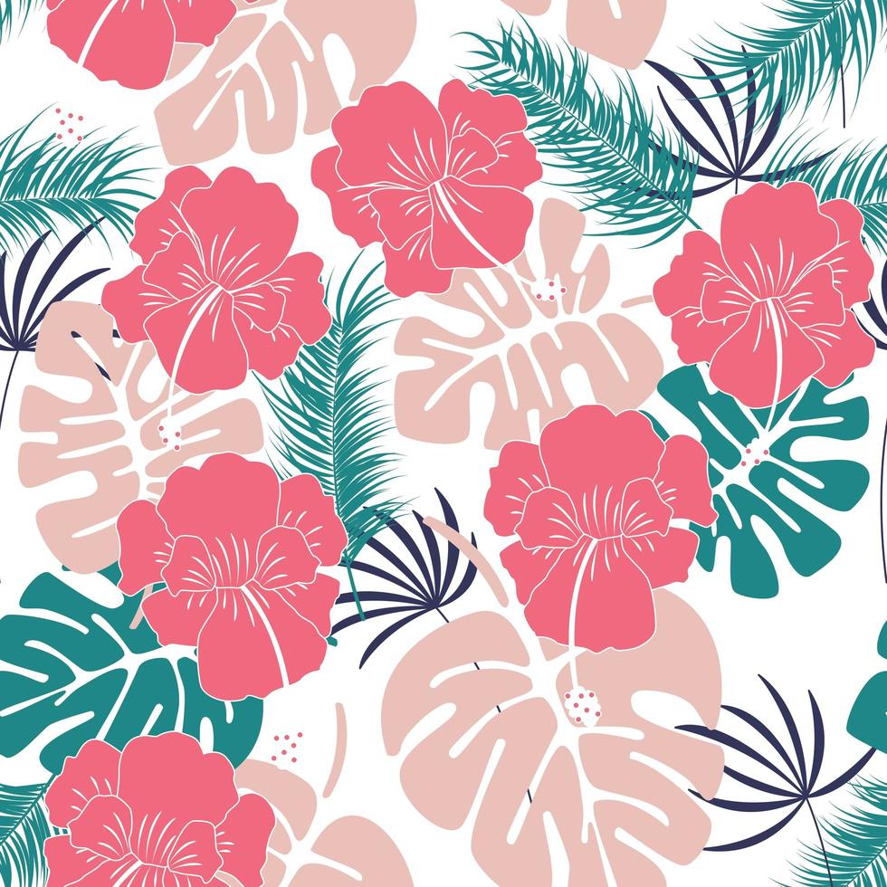 Seamless tropical pattern with monstera leaves and flowers vector