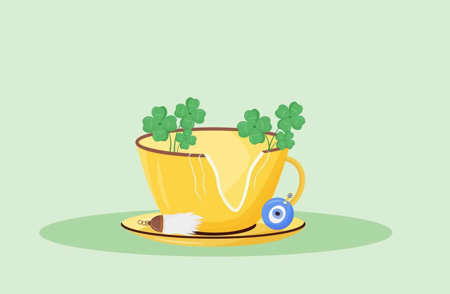 Broken cup with four leaf clovers and luck charms vector