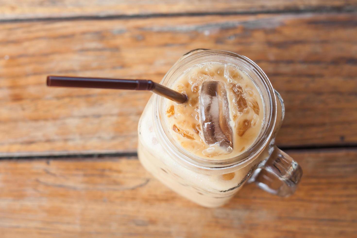 Top view of iced coffee in a glass jar photo