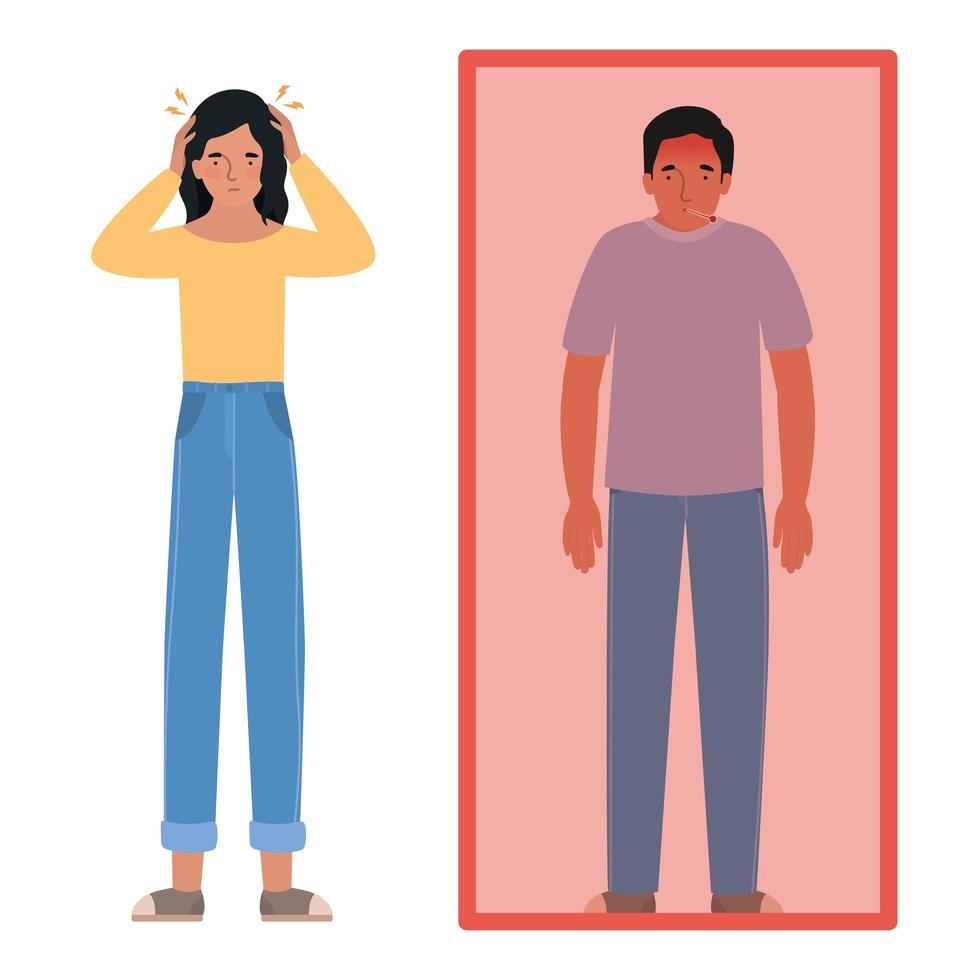 Avatar man and woman with headache and fever vector