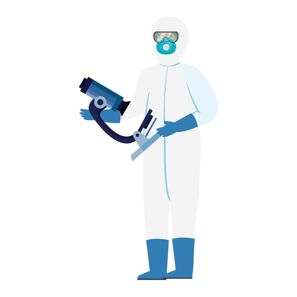 Person in a hazmat suit and microscope vector