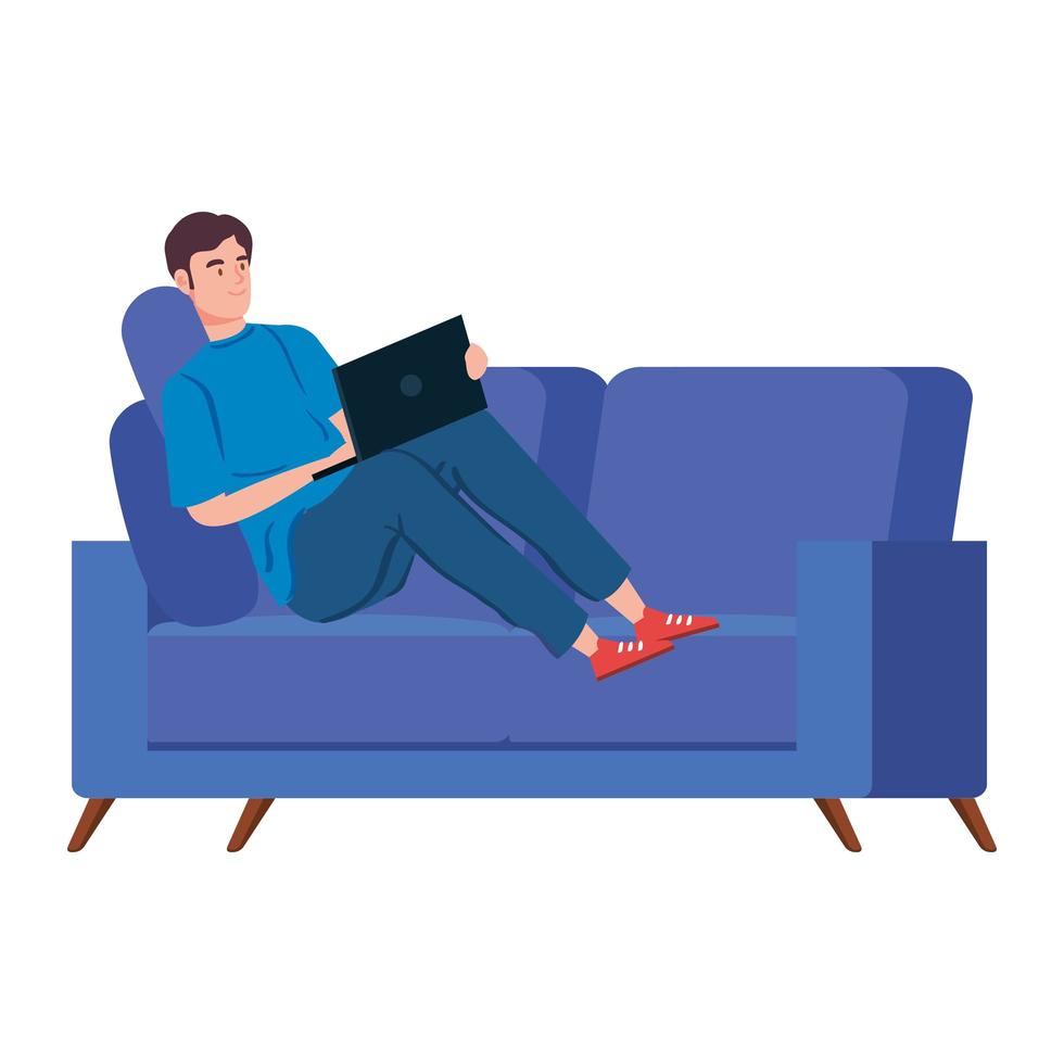 Man on the couch working from home vector