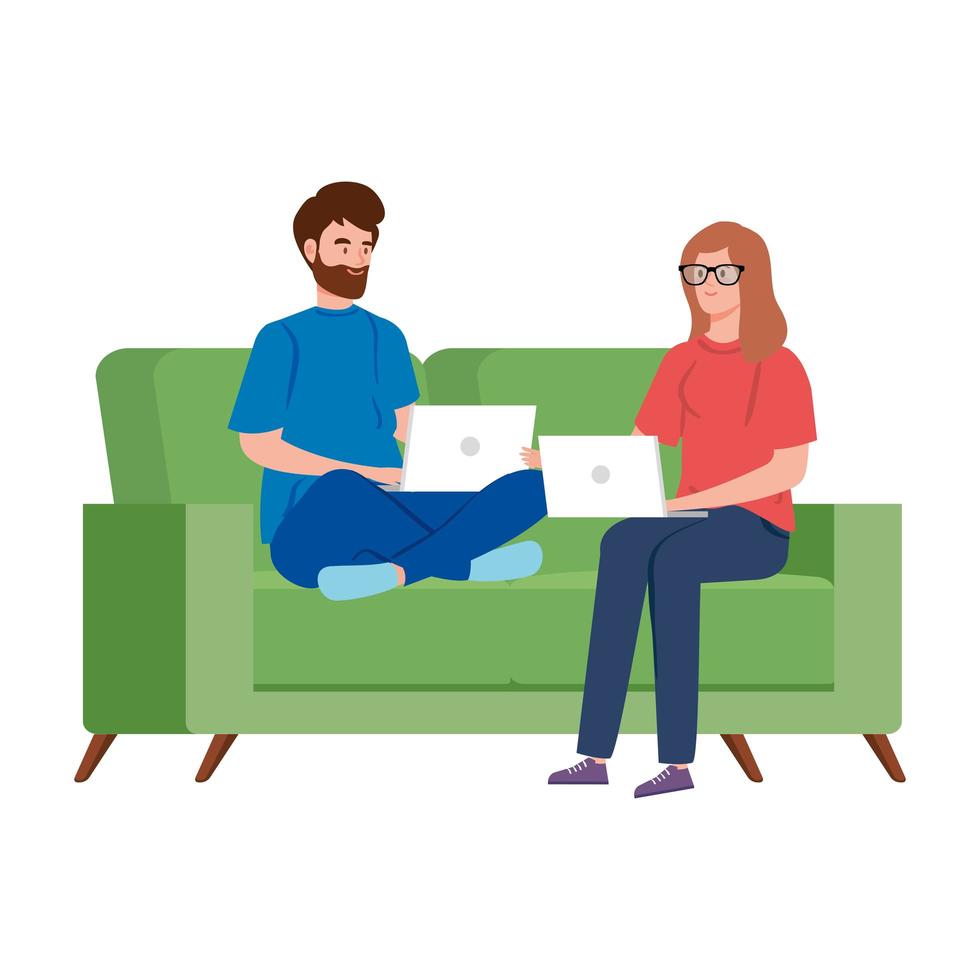 Couple on the couch working from home vector