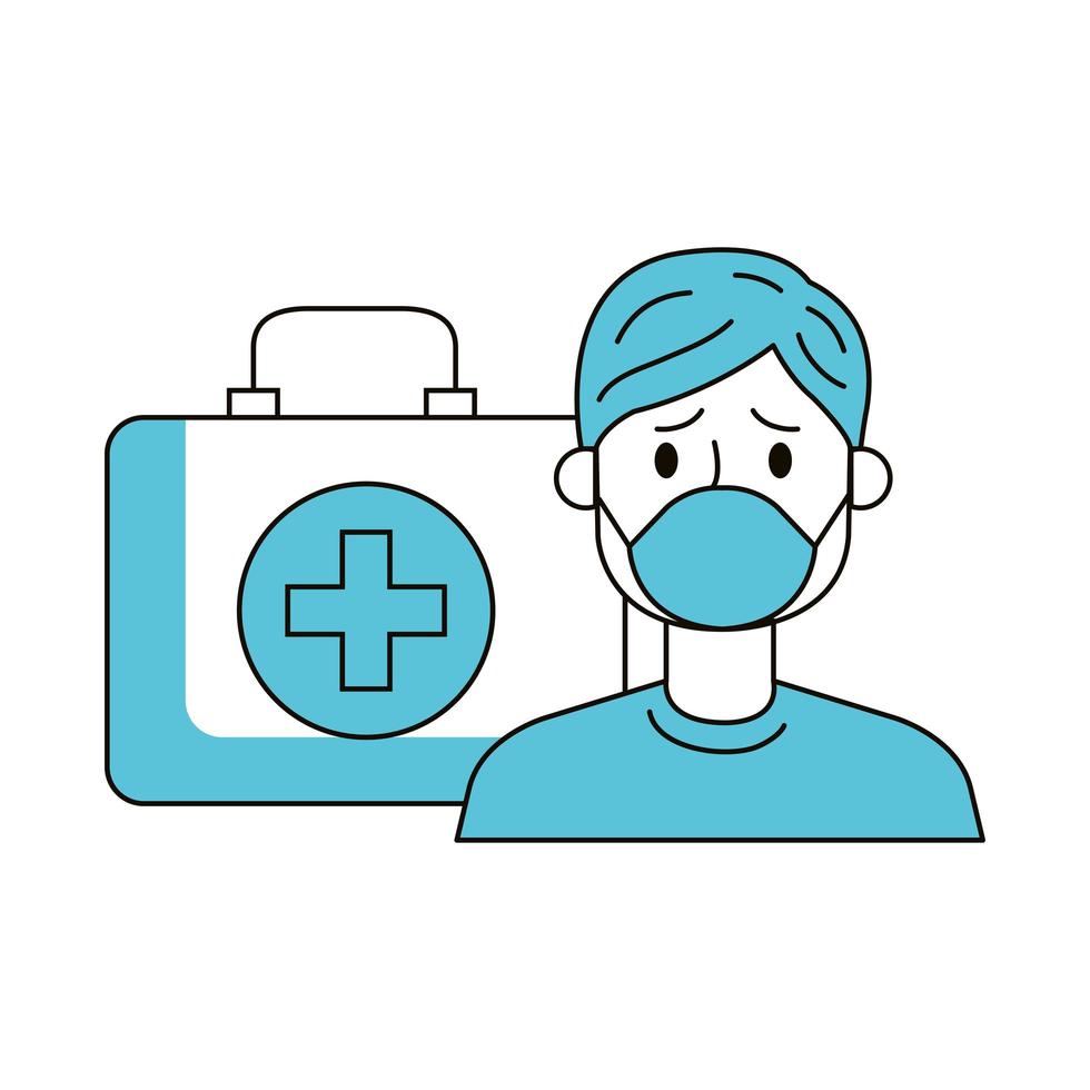 Man with face mask and first aid kit vector