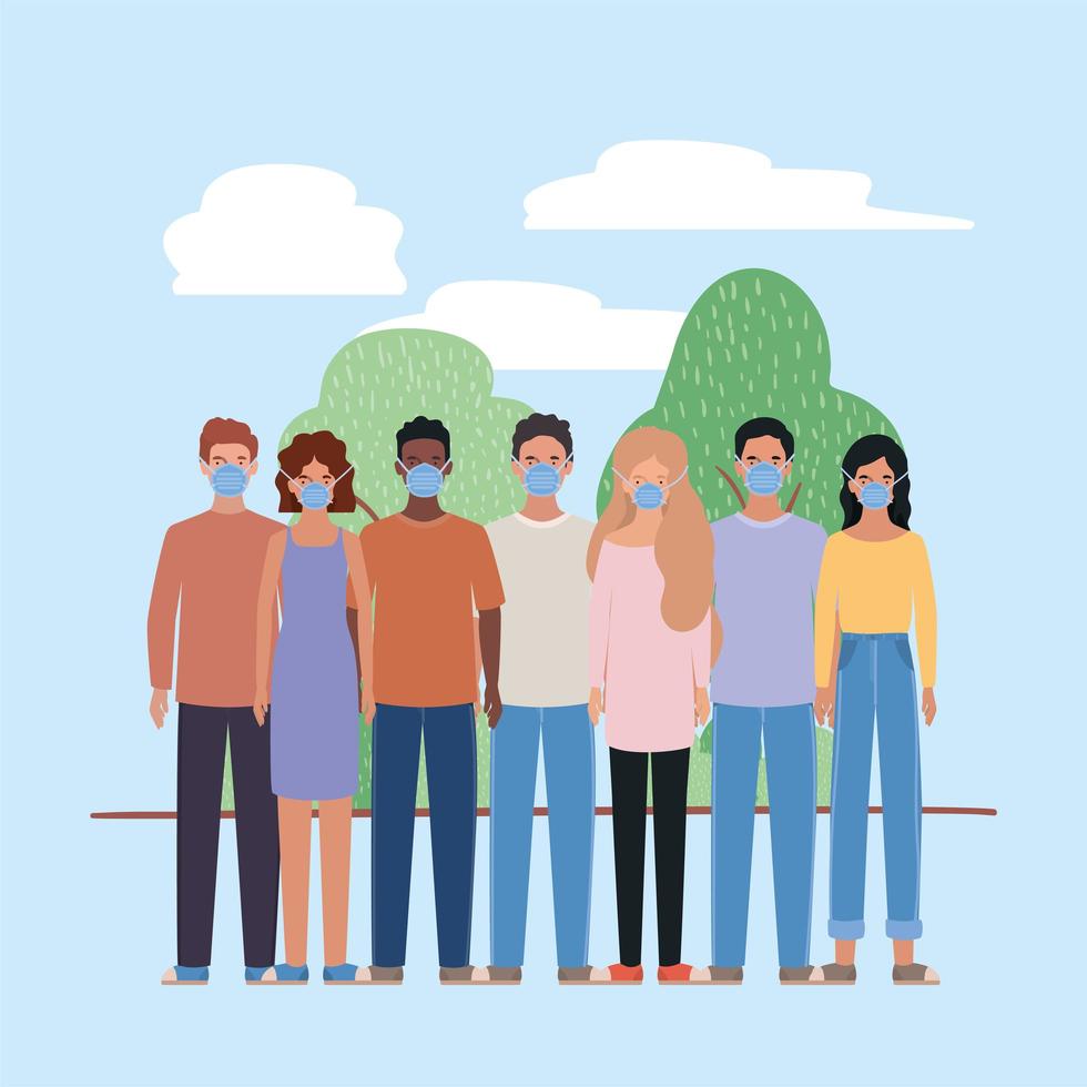 Men and women with masks clouds and trees vector