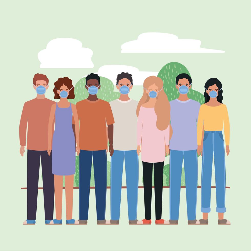 Men and women with masks clouds and trees vector