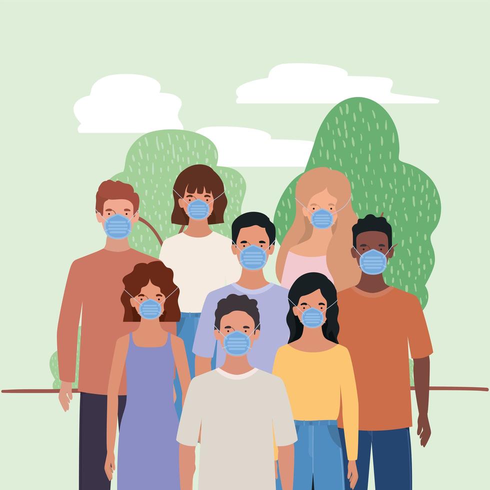 Men and women with masks clouds and trees vector