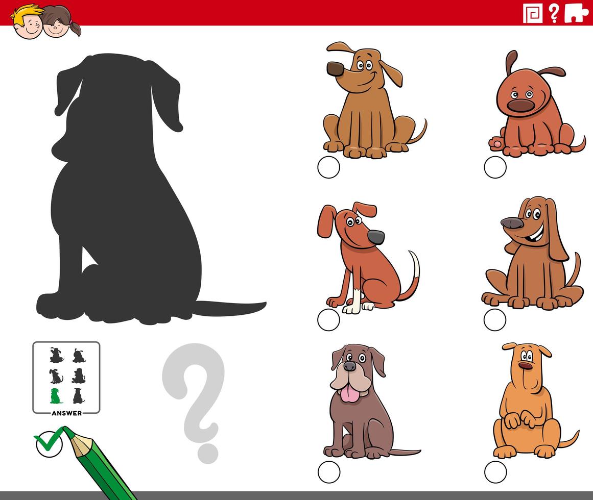 Shadows task with cartoon dogs characters vector
