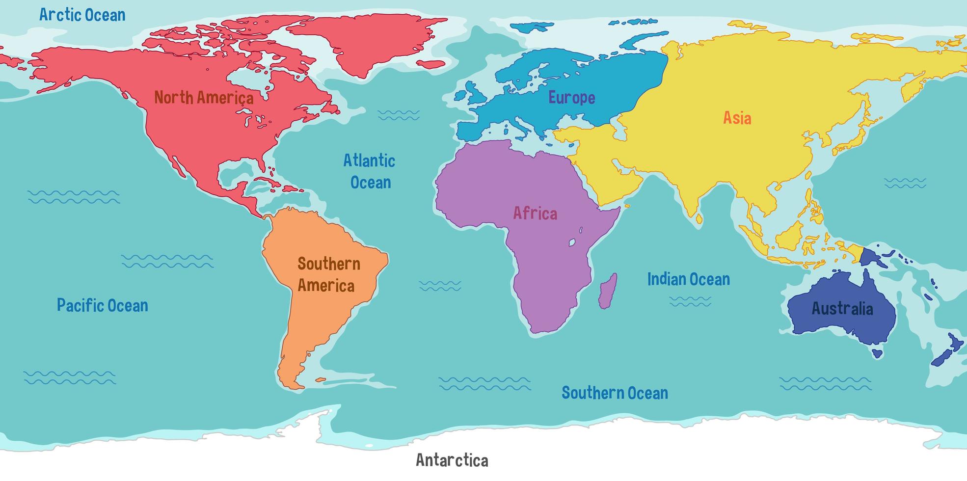 mapa del mundo con nombres de continentes y océanos vector