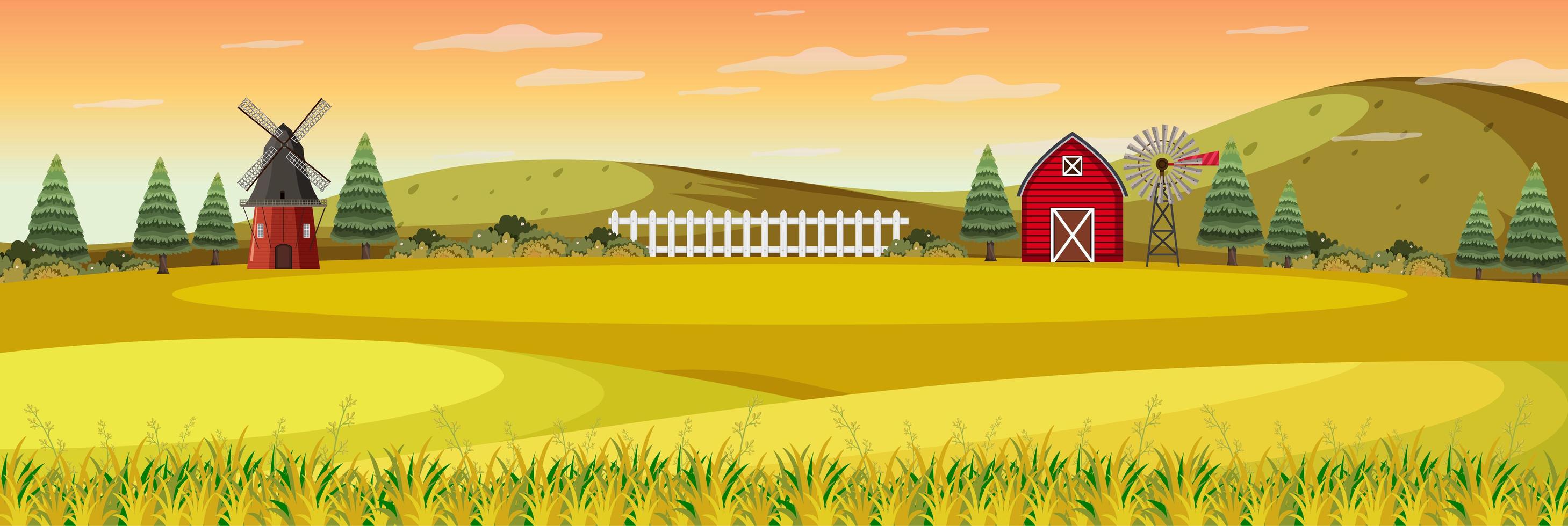 paisaje agrícola con campo y granero rojo en la temporada de otoño vector