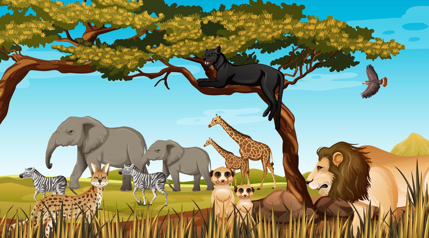 Grupo de animales salvajes africanos en la escena del bosque vector