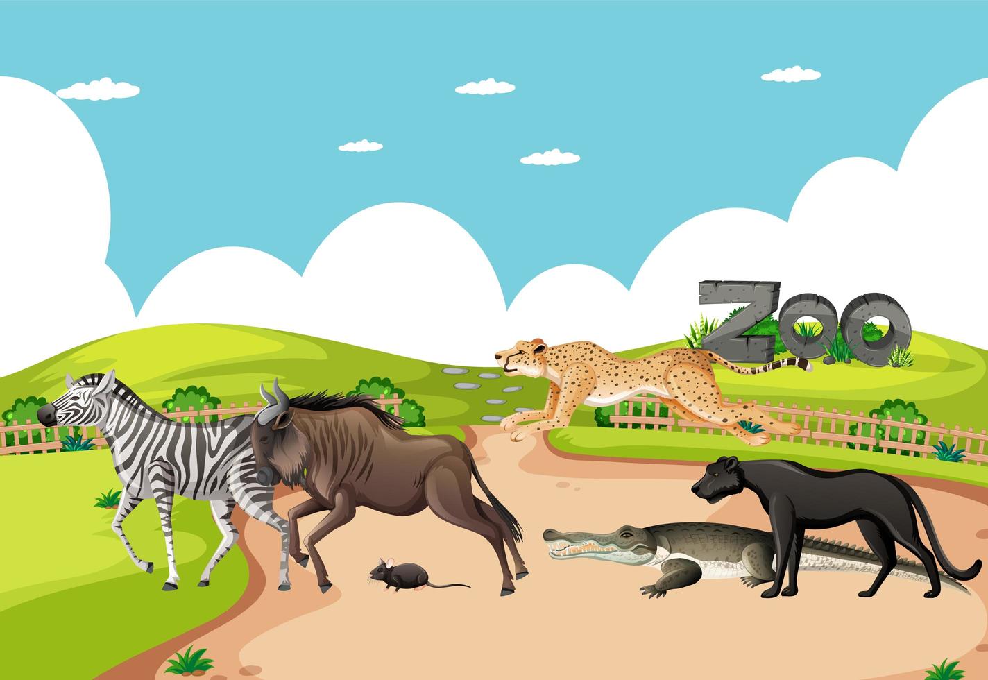 Grupo de animales salvajes africanos en la escena del zoológico vector