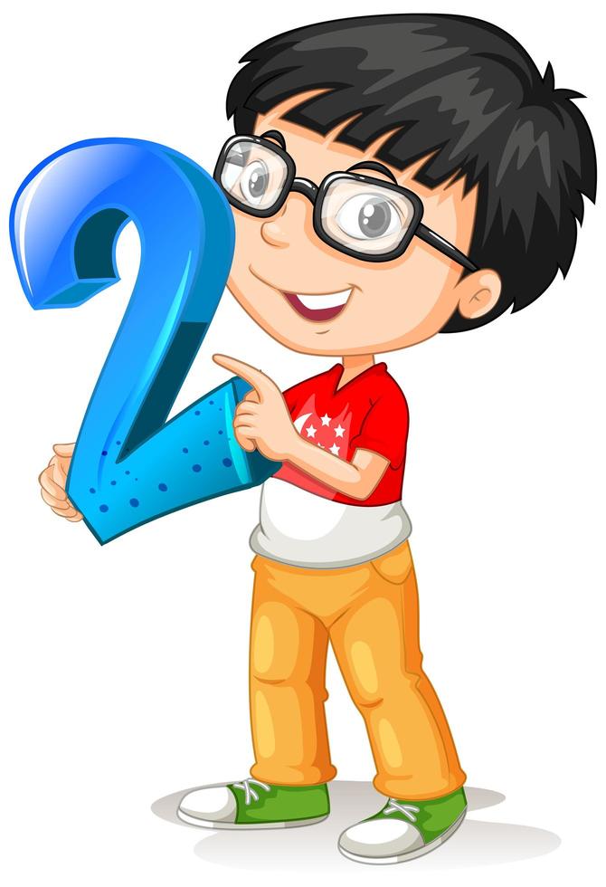 Nerdy boy wearing glasses holding math number two vector