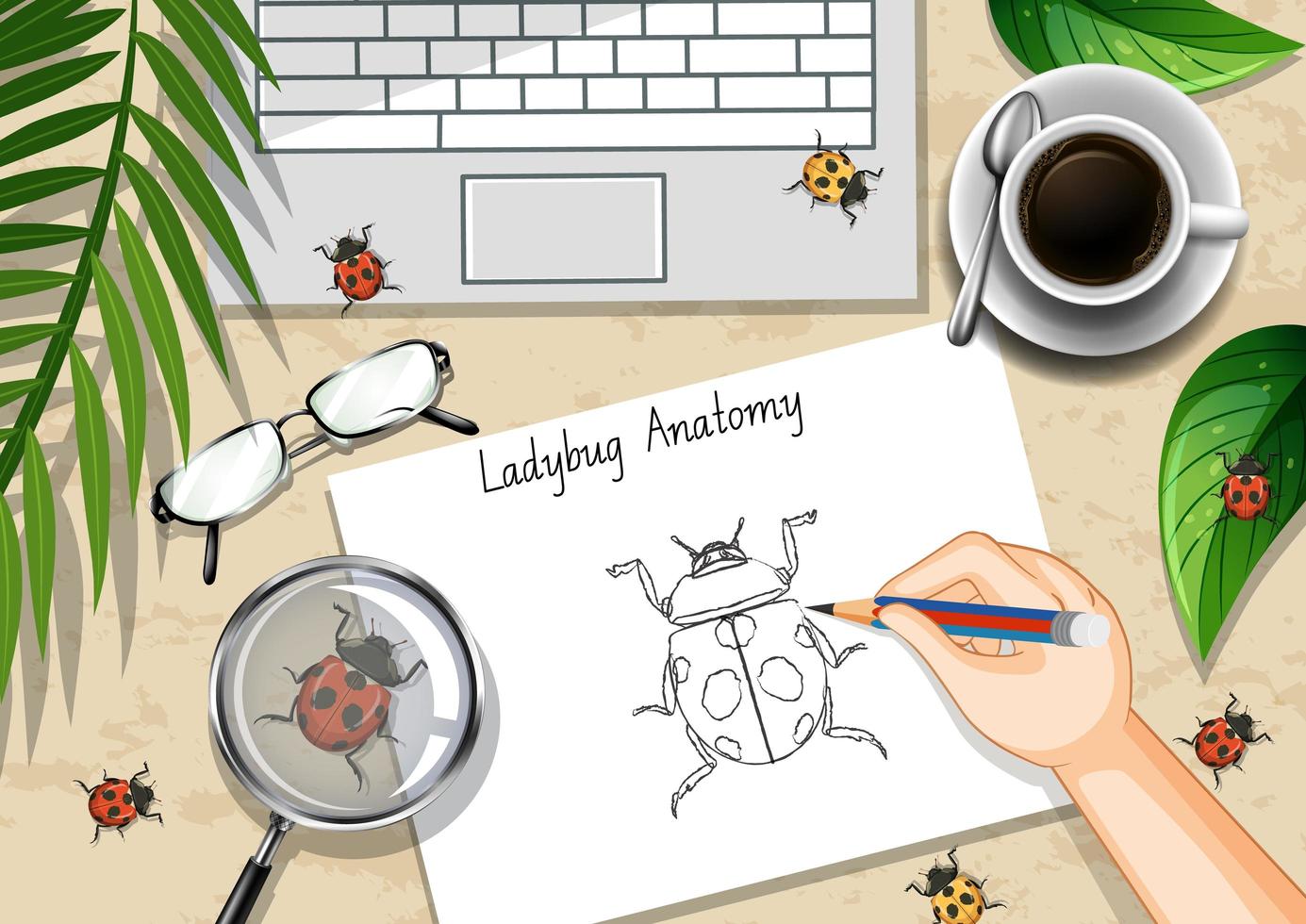 Top view office work table with office elements with green leaves and insects vector