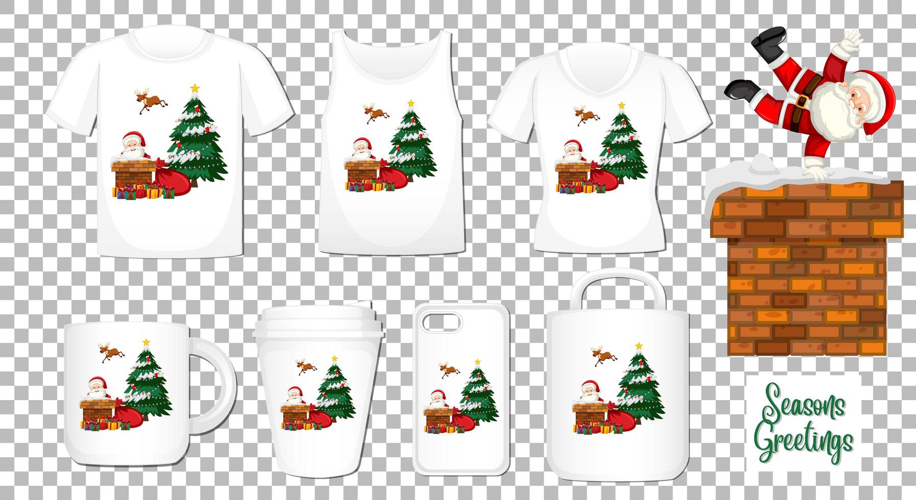 Santa claus bailando personaje de dibujos animados con un conjunto de diferentes productos de ropa y accesorios sobre fondo transparente vector