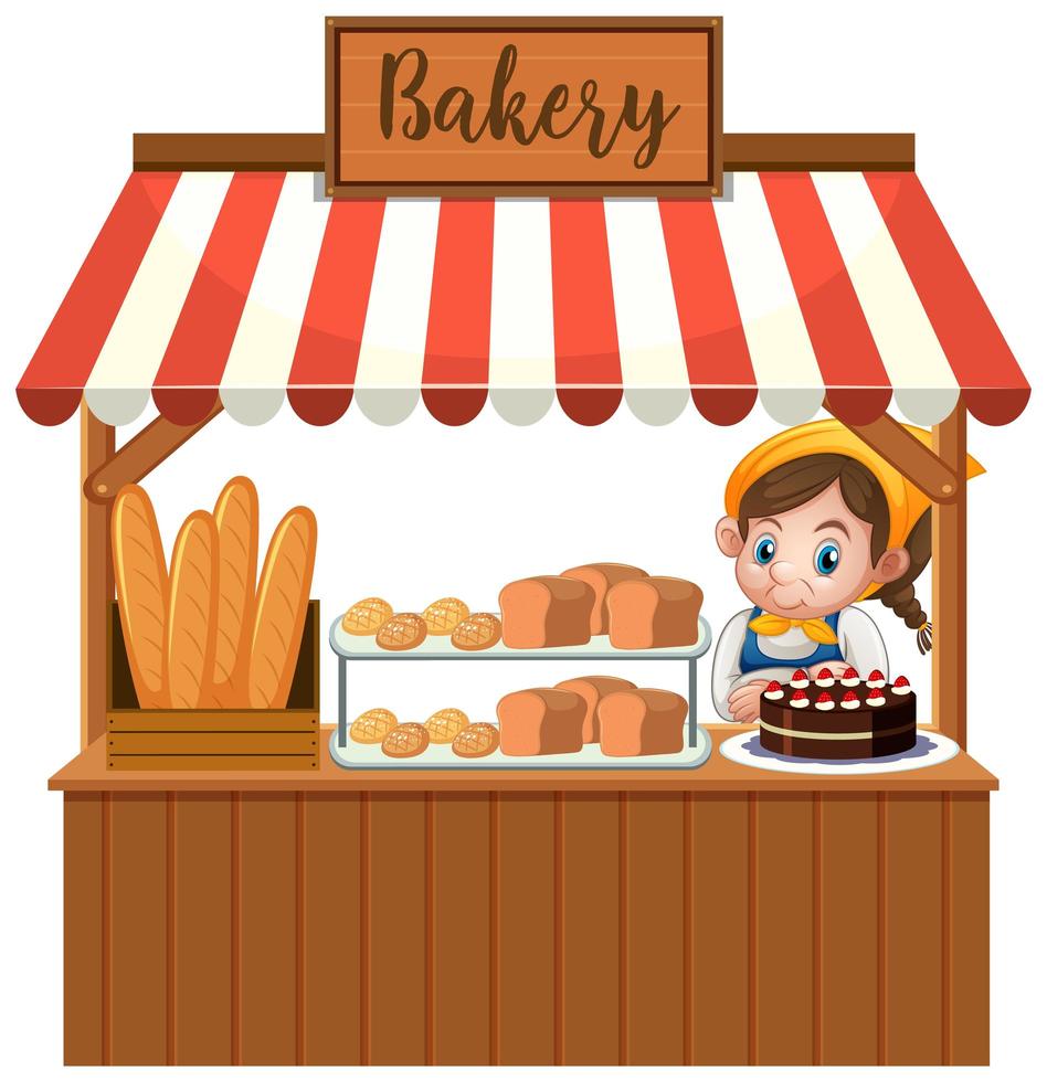 Delante de la panadería con Baker aislado sobre fondo blanco. vector