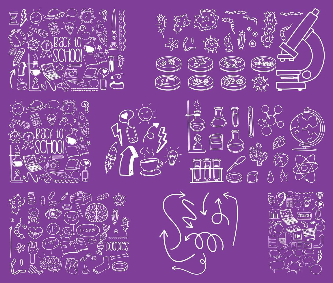 Set of object and symbol hand drawn doodle on purple background vector
