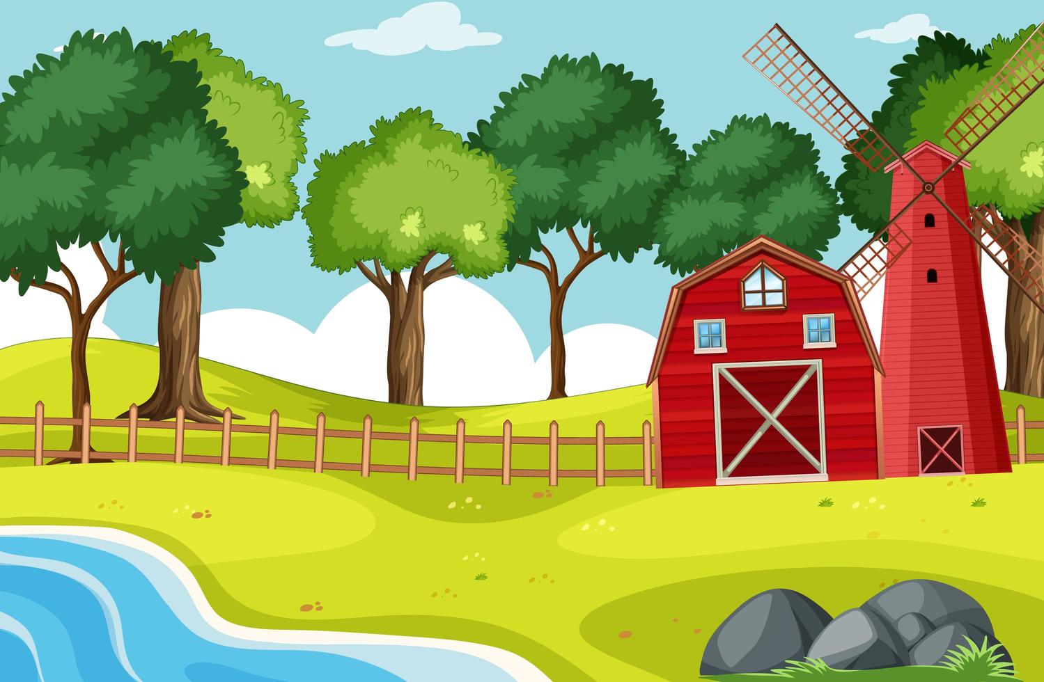 Scene of barn and windmill with many trees vector