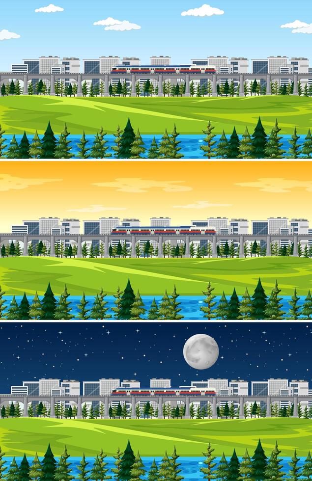 ciudad con paisaje natural en diferentes momentos del día. vector