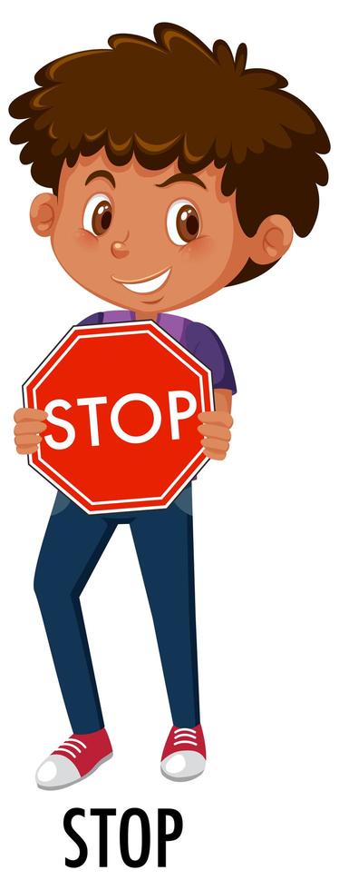 Boy holding traffic sign isolated on white background vector