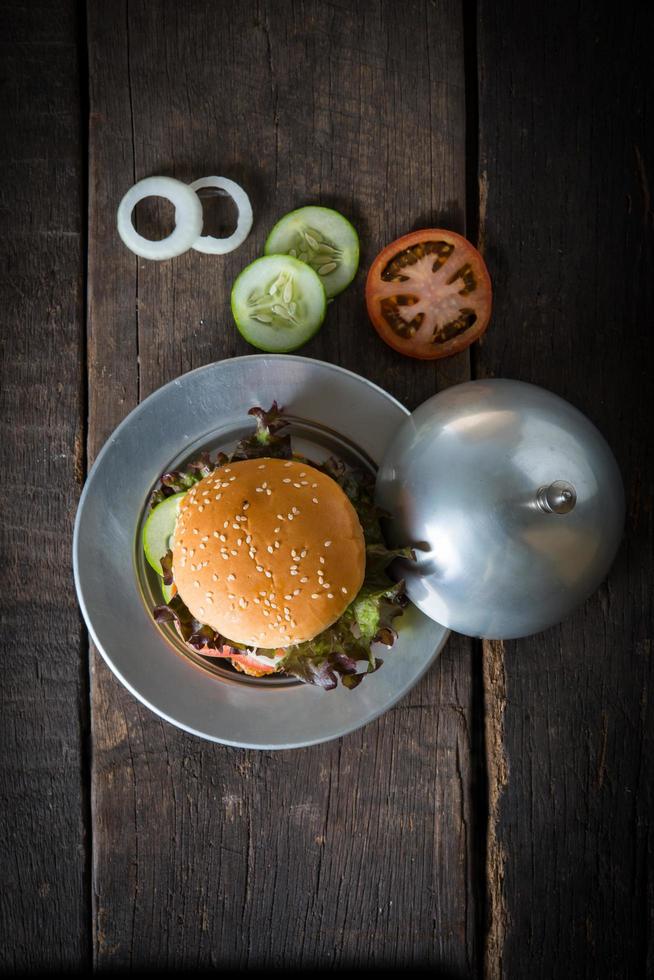 Top view rustic homemade hamburger photo