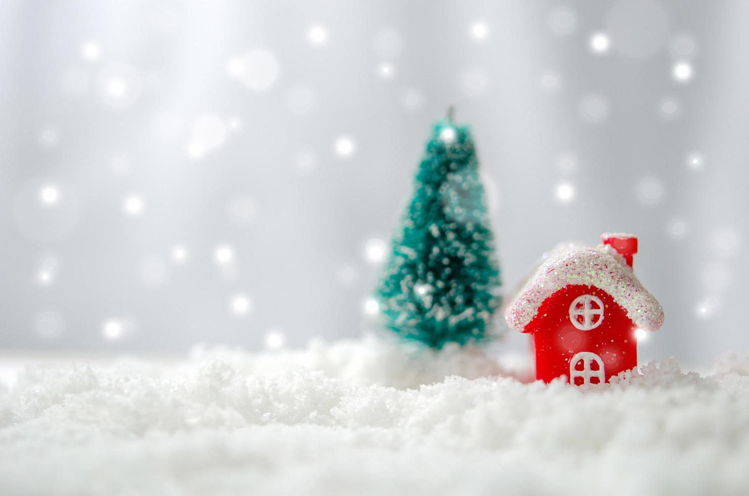Casa ed en miniatura y árbol de navidad en la nieve. foto