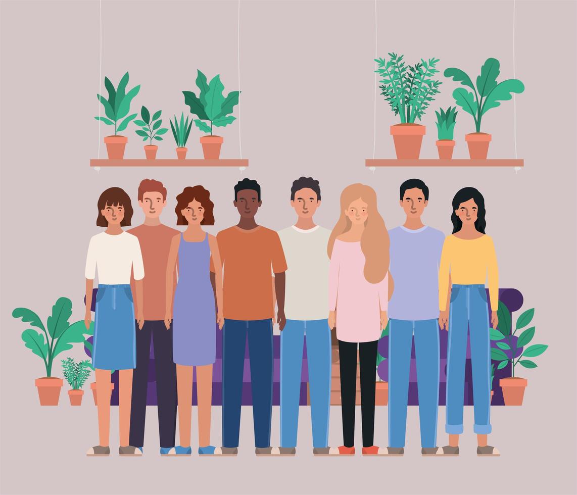 Women and men avatars and plants design vector