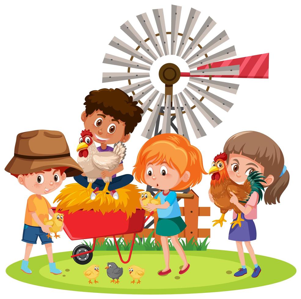 Children holding chicken with farm elements vector