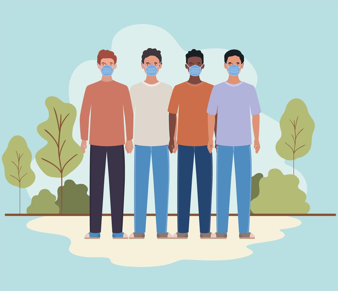 Men with masks trees and shrubs design vector