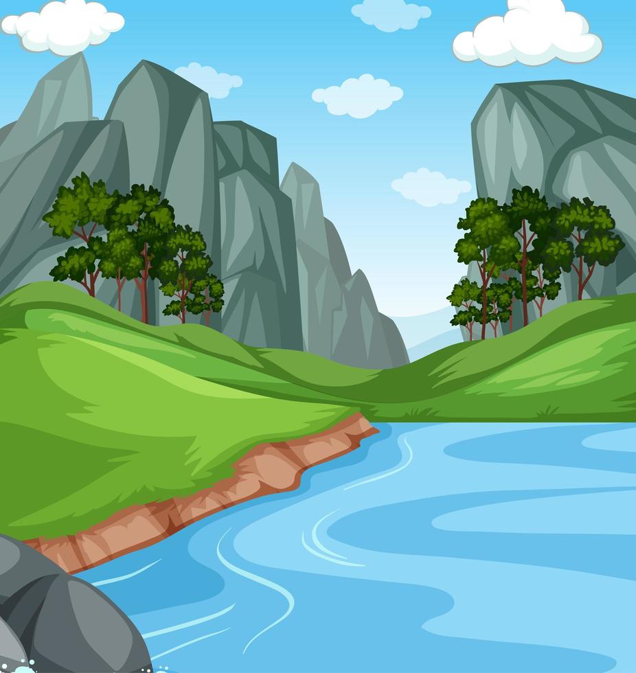 río con acantilado naturaleza paisaje escena de fondo vector