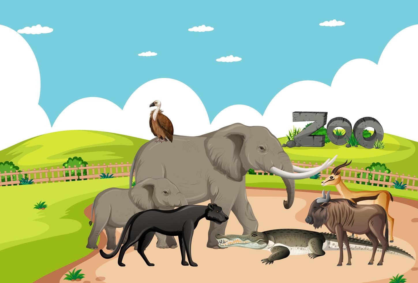 Group of wild african animal in the zoo scene vector