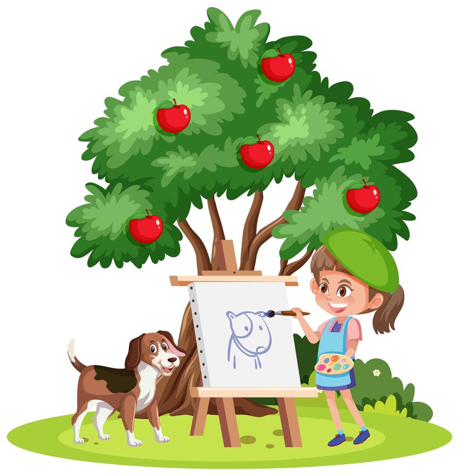 A girl painting on canvas with a dog on white background vector